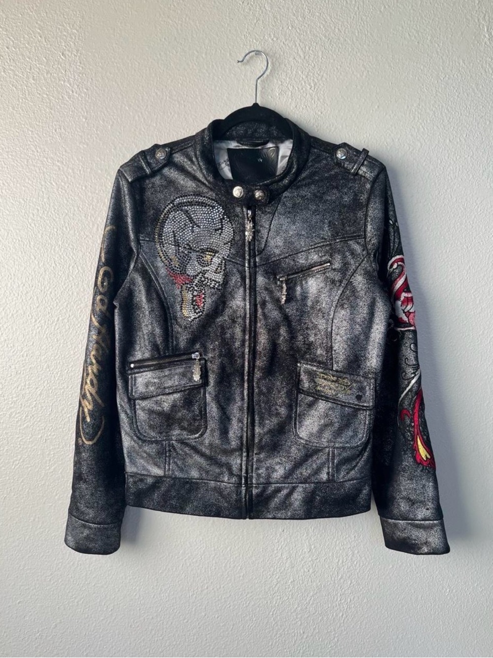 Women's Ed Hardy Embellished Moto Jacket with Graphic Detailing - RARE!